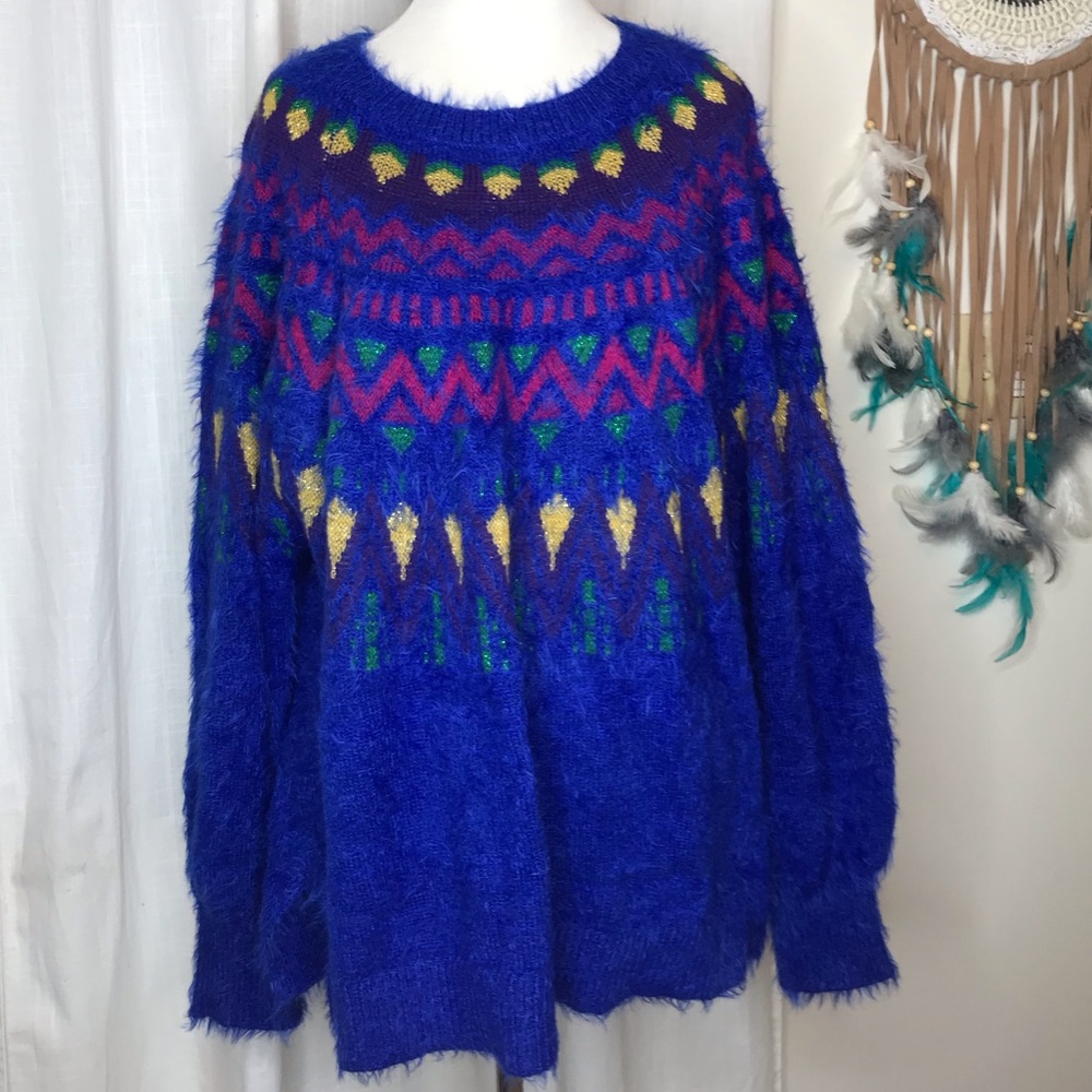 NWT Royal Blue Sweater Fuzzy Southwestern Print L